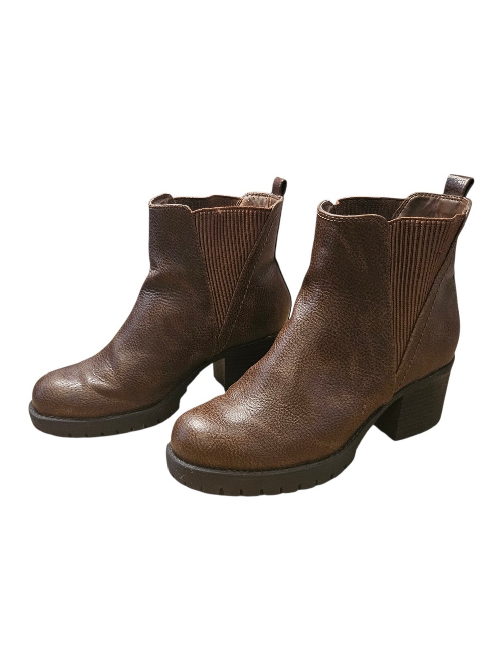 Brown Pleather Chelsea Boots with Block Heel